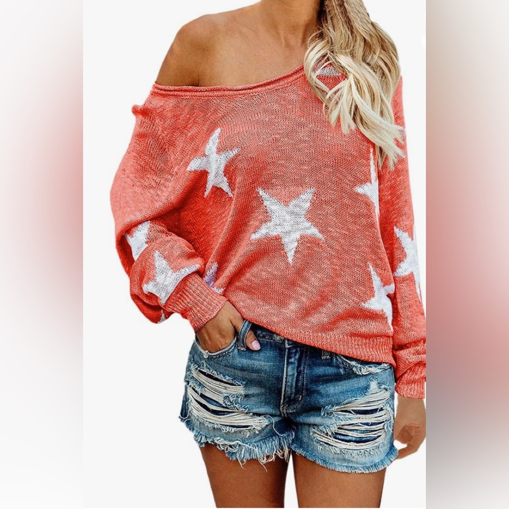 Coral and white star print slouchy off the shoulder sweater.
